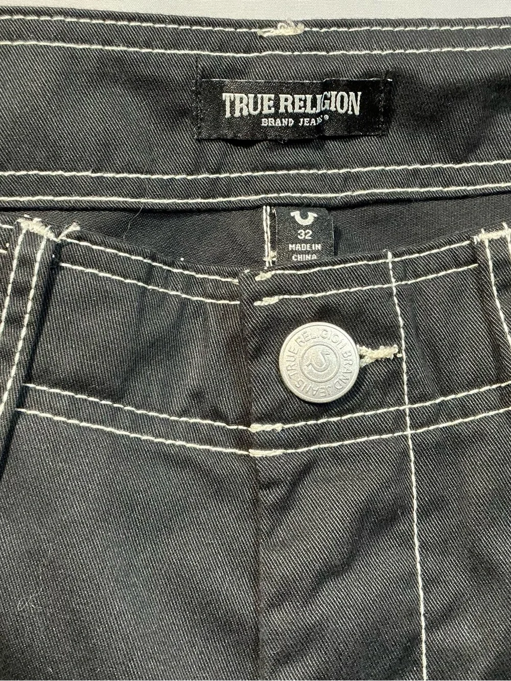 True Religion Men’s Black Slim Straight Jeans with White Contrast Stitching